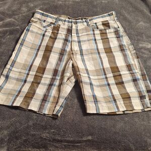 BILLABONG Bermuda Skateboard Plaid Flat Front Shorts Brown/Blue Size 34 Pockets